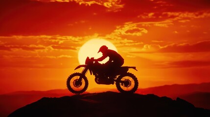 Silhouette of motorcyclist at sunset.
