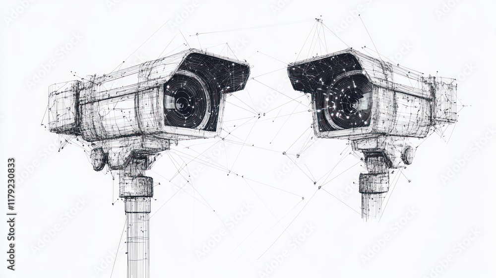 Poster two security cameras facing each other, connected by a network of lines.