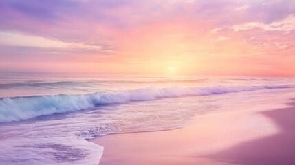 Fototapeta premium Serene sunrise over ocean beach with pastel colored sky and gentle waves.