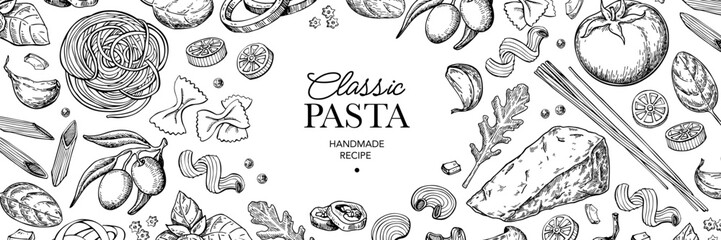 Italian pasta template. Vector food drawing label. Homemade traditional pasta ingredients. Mediterranean 