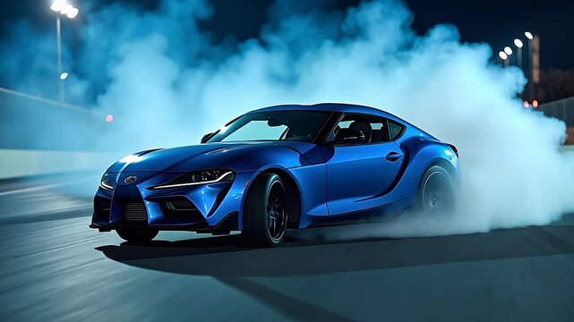 Blue Sports Car Drifting with Smoke on Track