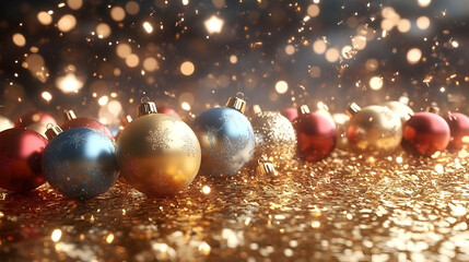 Fototapeta premium Christmas Ornaments Sparkle on Glittering Gold Background with Festive Lights and Confetti