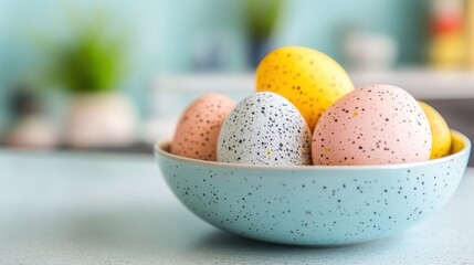 Fototapeta premium Colorful Easter eggs fill a bowl on a bright kitchen table, capturing the essence of festive spring decoration and joyful celebrations