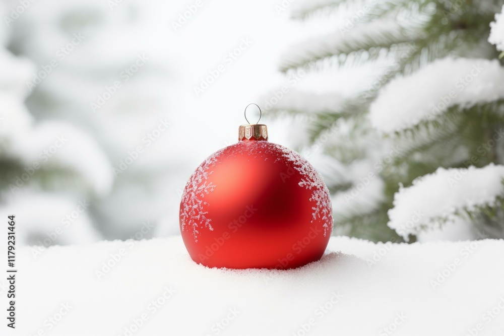 Aufkleber red christmas ball resting on a layer of fresh snow with a snow covered pine tree in soft focus back