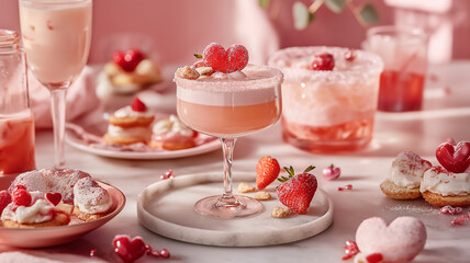 A table full of desserts and drinks with a pink theme
