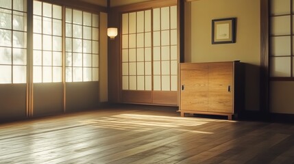 Sunlit minimalist Japanese room with shoji screens, wooden floor, and cabinet. (1)