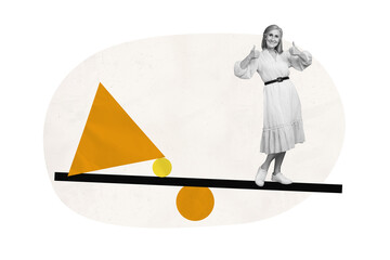 Creative collage picture mature cheerful woman showing thumb up geometry figures triangle scale...