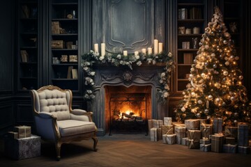 Naklejka premium Warm fire burning in elegant fireplace in a classic living room decorated for christmas with illuminated tree and presents