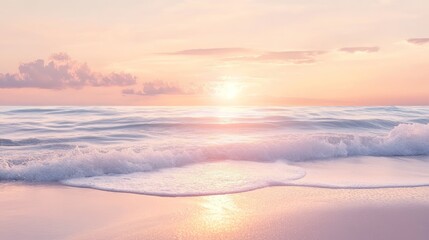 Peaceful sunset over calm ocean waves gently lapping a sandy beach.