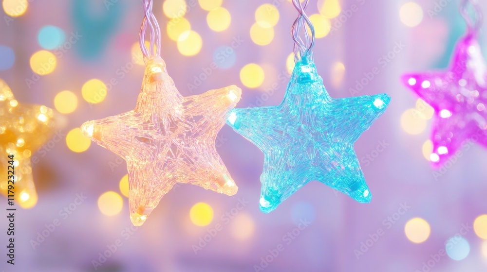 Poster colorful star shaped lights illuminate a festive setting, creating a dreamy atmosphere with soft bok