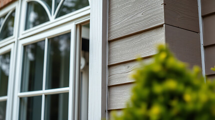 Fototapeta premium Close-up view of a white multi-paned window installed in a house with light brown and dark brown wood siding. A blurred green shrub is visible in the foreground.