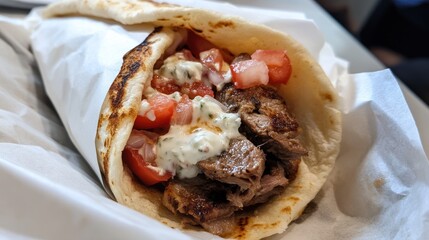 Grilled meat, tomatoes, and creamy sauce in a pita bread wrap.