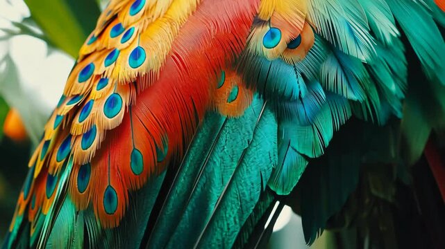Vibrant feathers of a tropical bird display intricate patterns and brilliant colors in nature