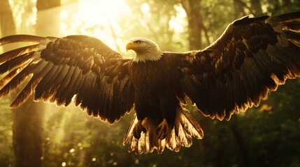 Fototapeta premium Majestic bald eagle in flight, wings spread wide, backlit by golden sunlight filtering through lush green forest.