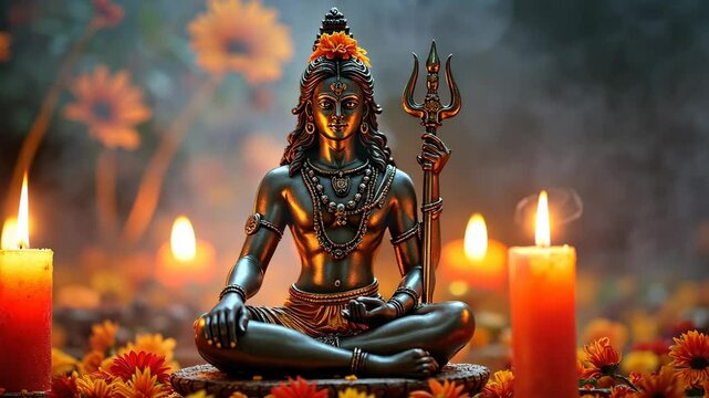 Glowing Lord Shiva Statue Surrounded by Flowers and Incense for Maha Shivaratri Celebration