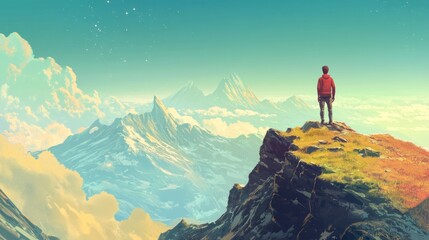 Fototapeta premium Person standing on mountain peak overlooking vast, snow-capped mountain range.