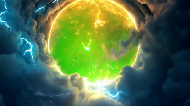 Glowing Energy Sphere with Green Screen Center, Surrounded by Lightning and Dramatic Clouds