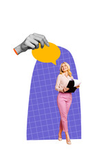 3D photo collage template trend artwork composite of aged woman stand huge hand hold speech cloud chatting vacancy hr clipboard worker