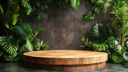 Obraz premium Wooden Round Display Amidst Lush Tropical Greenery