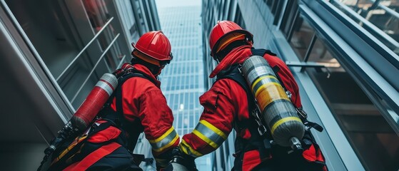 Firefighter team conducting routine fire alarm maintenance in a professional setting, showcasing safety protocols and teamwork in action.
