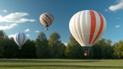Obraz premium Vibrant Hot Air Balloons Gracefully Soaring Over Lush Green Field: 3D Render, Whimsical Style. AI Generated