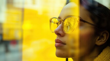 A thoughtful woman gazes through a yellow-tinted window, capturing a moment of reflection and inspiration in a vibrant urban setting.