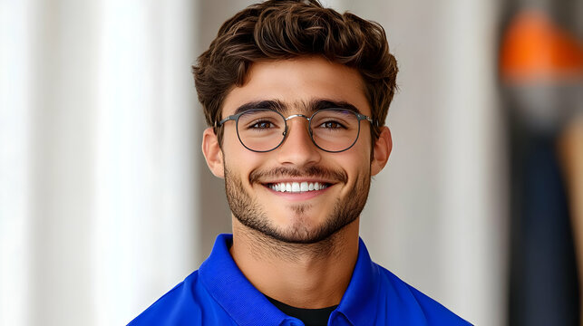 Smiling Man in Blue Shirt and Glasses Poses Confidently and Cheerfully for a Portrait