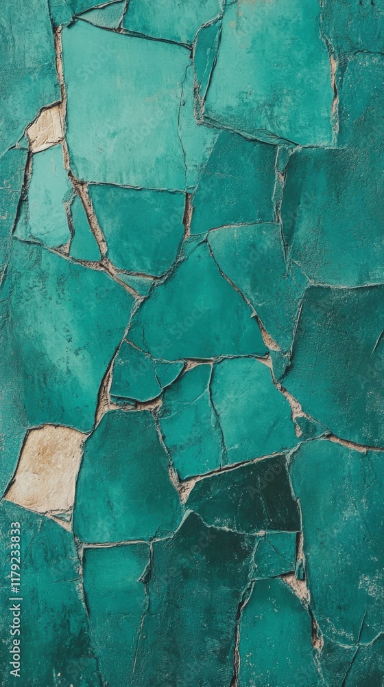 Poster this textured surface features an array of green geometric shapes with cracks, creating a visually e