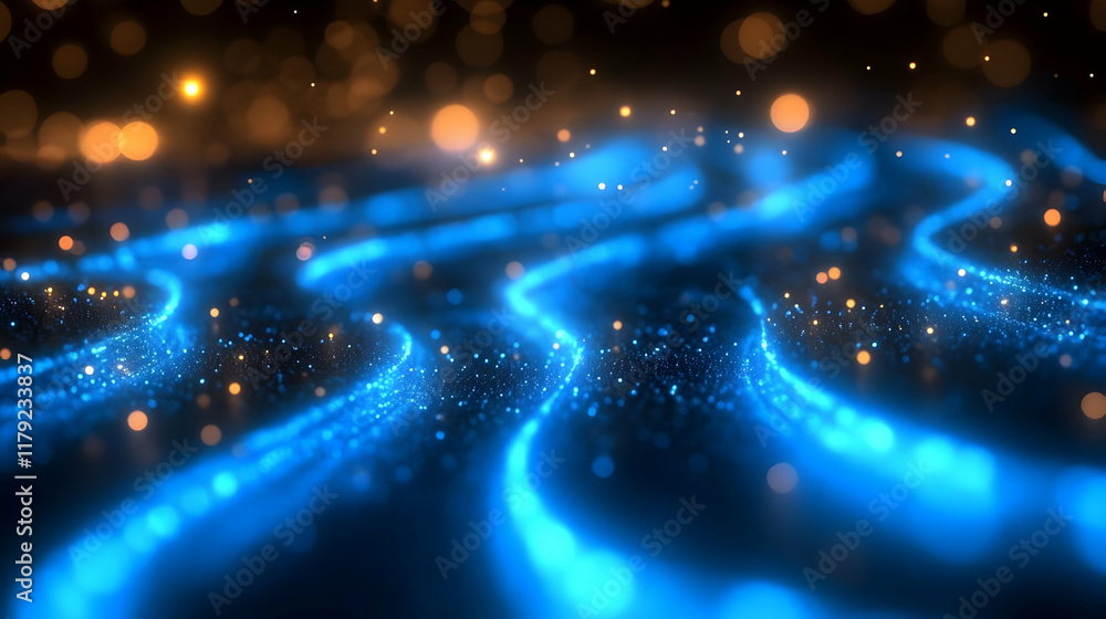 Poster abstract blue waves flow smoothly with golden bokeh lights background
