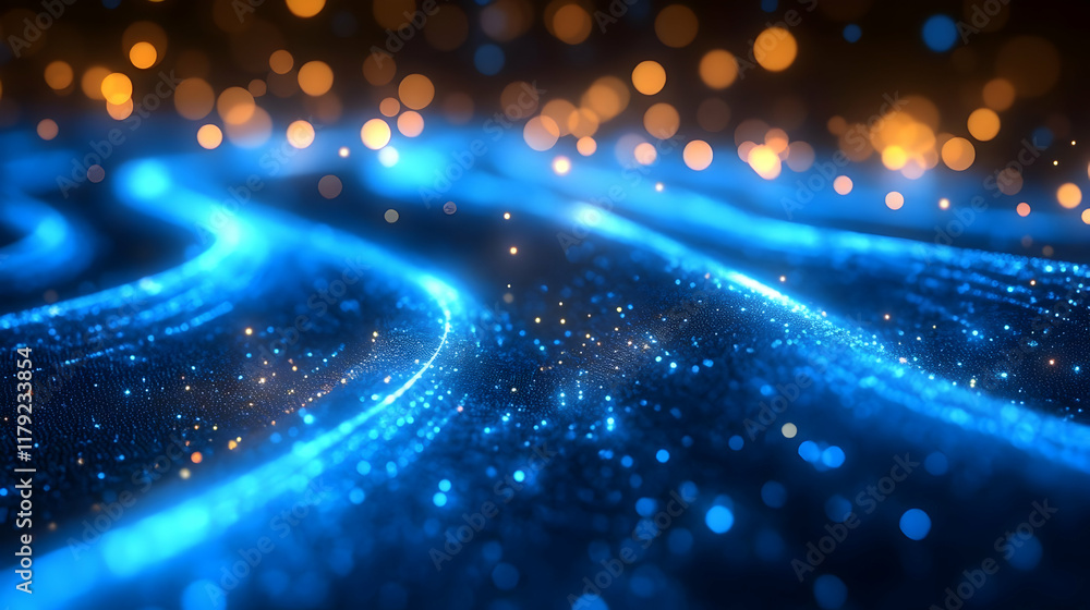 Poster abstract blue wavy background flows smoothly with golden bokeh lights and particles