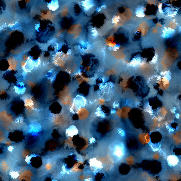 Abstract watercolor seamless pattern with spotted tie dye effect. Grunge brown blue print for fabric and wallpaper in laconic color. Texture earthy naturally colored. Bleeding ink background.