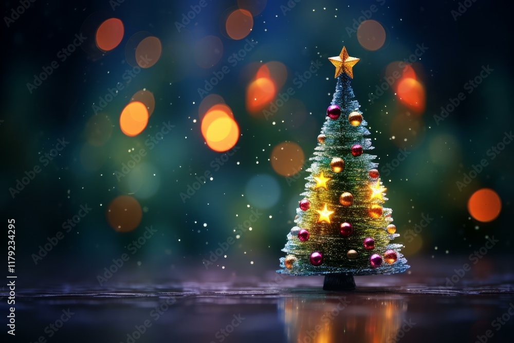 Poster small illuminated christmas tree with blurred lights in the background creating a magical atmosphere