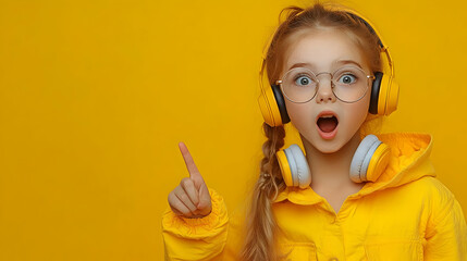 Obraz premium Surprised Girl Points Up Wearing Yellow Headphones and Jacket on Yellow Background