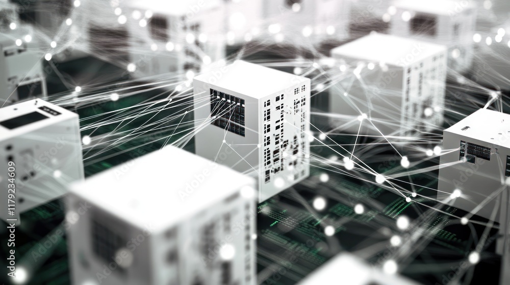 Aufkleber network of interconnected white cubes on a circuit board, representing data transfer and digital inf