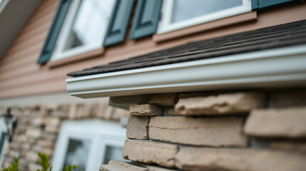 Obraz premium White Vinyl Gutter on Brown Siding and Stone Veneer