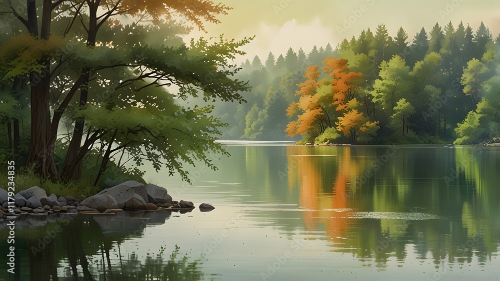 Poster reflection of trees in the lake. 3d rendering. computer digital drawing. generated by ai