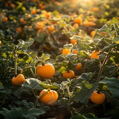 A close-up of a pumpkin patch with warm sunlight highlighting vibrant orange tones.