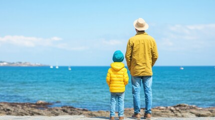 A father and his son stand together, gazing at the beautiful coastal view under a clear blue sky,...