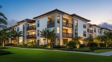 Obraz premium Modern apartment building at dusk, landscaped grounds, palm trees.