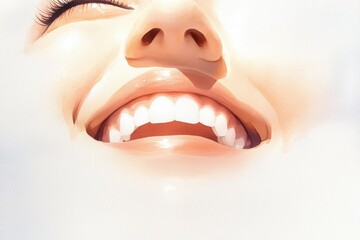 Fototapeta premium A bright, close-up image of a smiling face, showcasing radiant skin and a joyful expression, conveying happiness and positivity.
