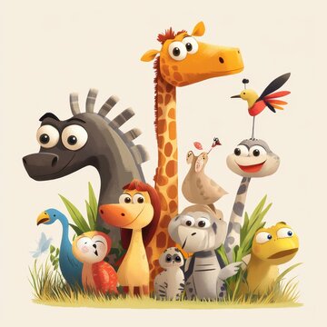 Fototapeta A Group Of Cartoon Animals Standing Together In Grass