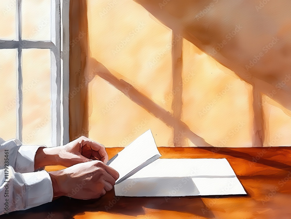 Poster a serene scene of hands turning pages of a book, illuminated by soft natural light streaming through