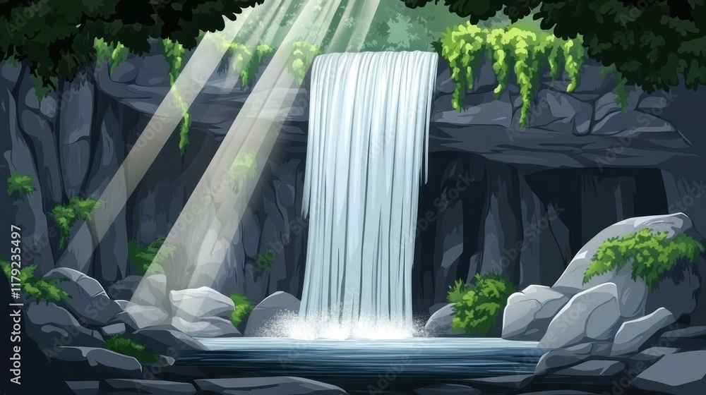 Poster sunbeams illuminate a hidden waterfall cascading into a tranquil pool nestled within a lush, rocky c