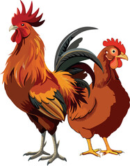 Proud rooster and hen standing side by side