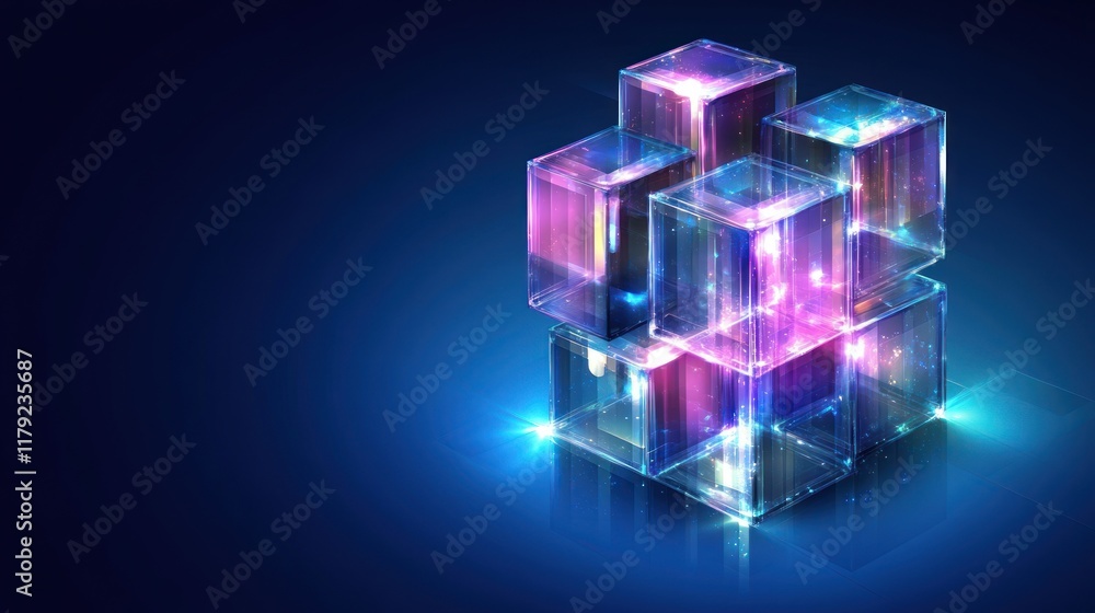 Poster glowing translucent cubes interconnected, reflecting on dark surface.