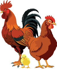 Rooster, hen and chick standing together