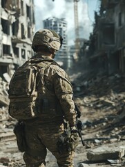 Obraz premium A soldier stands amidst the rubble of a devastated urban landscape, surveying the damage from ongoing military operations in a conflict area during daylight