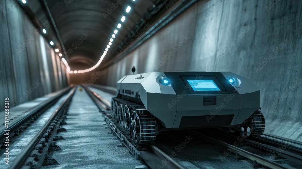 Poster autonomous tracked vehicle navigating a long tunnel.