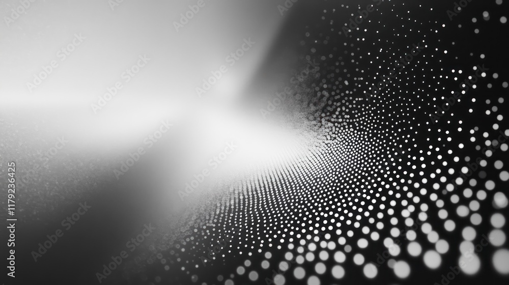Poster abstract grayscale background with glowing dots forming a wave-like pattern, suggesting technology, 
