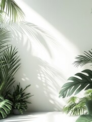Fototapeta premium Vibrant tropical plants fill the lower portion, casting intricate shadows on a well-lit white wall. The scene provides a serene atmosphere and ample copy space for creative design needs